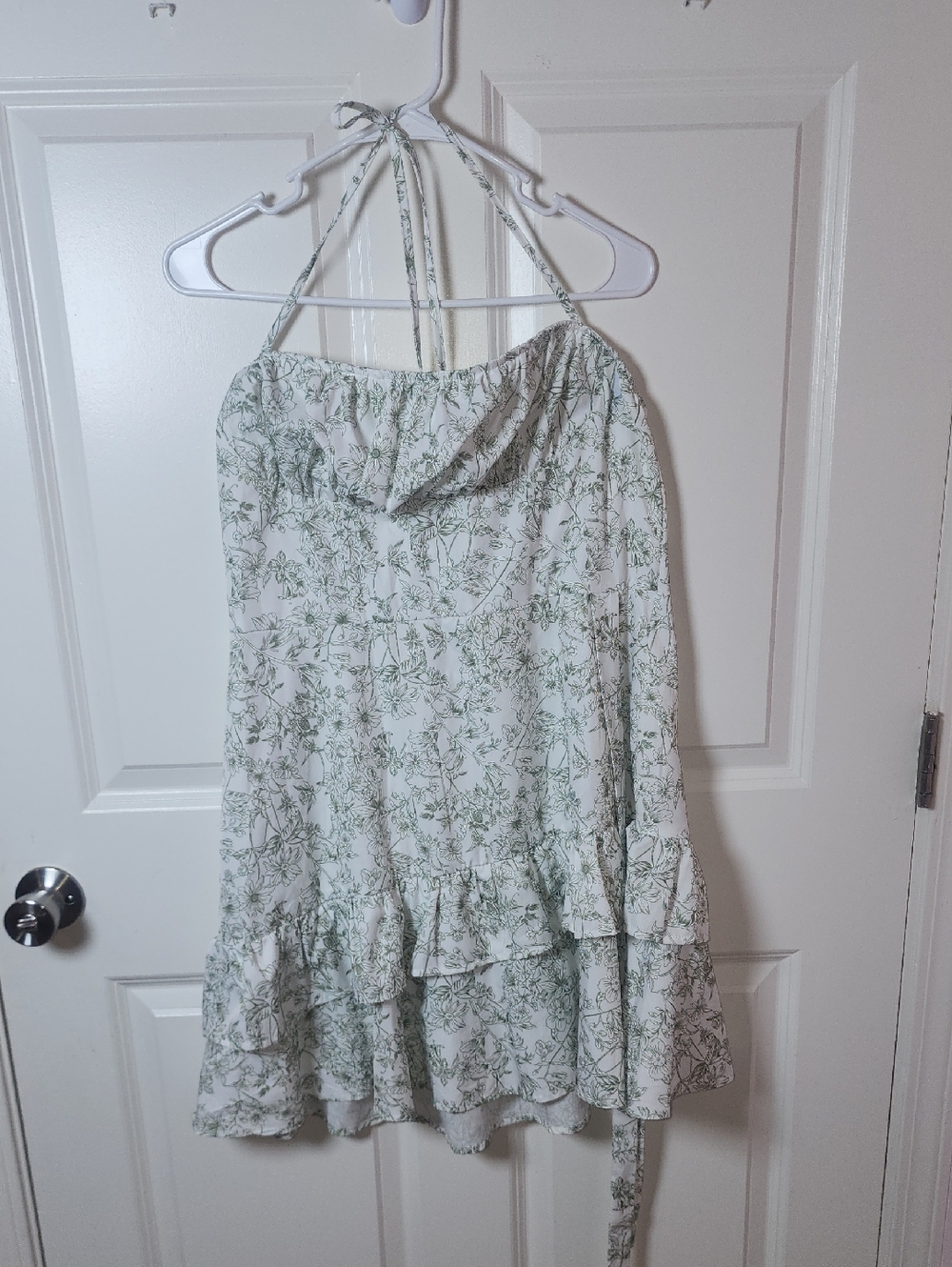 White Halter Dress with Green Botanical Print